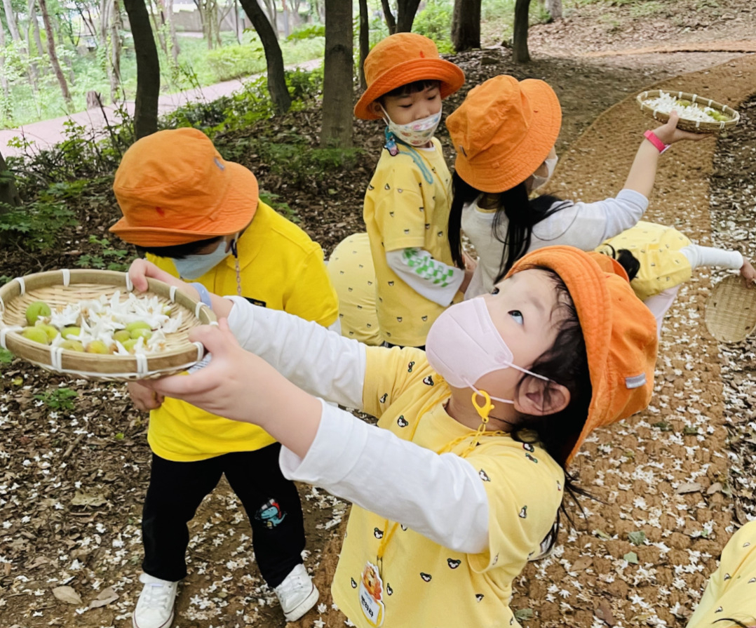 유아숲 가족축제에 참여한 아이들이 떨어지는 꽃잎을 받고 있는 모습. [서울시 제공]