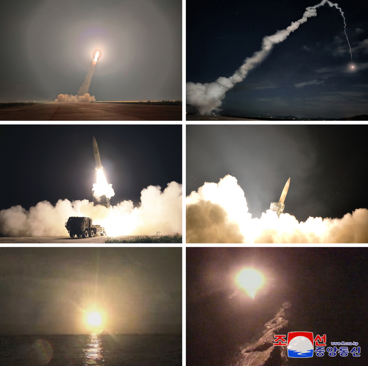 북한군 총참모부는 미국의 전략폭격기 B-1B가 한반도에 전개된 데 대응해 전술핵타격훈련을 실시했다고 조선중앙통신이 31일 보도했다. 사진은 북한군이 30일 밤 평양국제비행장에서 북동방향으로 전술탄도미사일 2발을 발사하는 모습. [연합]