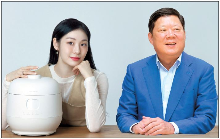 쿠첸이 김연아와 손잡고 밥솥시장에서 반격에 나섰다. 쿠첸 광고모델인 김연아(왼쪽)와 박재순 쿠첸 대표.