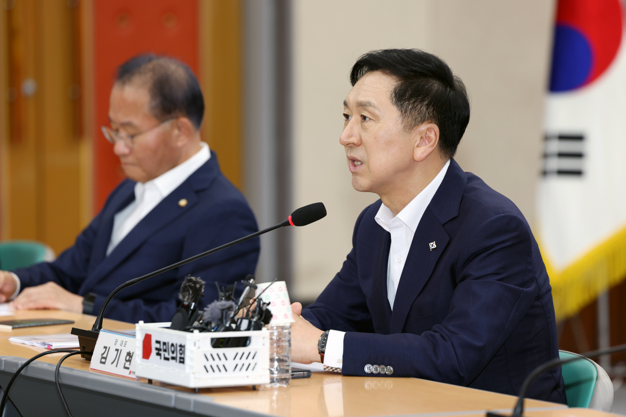 김기현 국민의힘 대표가 31일 오전 전남 순천시 순천만국제습지센터에서 열린 현장 최고위원회에서 발언하고 있다. [연합]