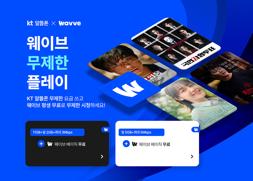 KT 알뜰폰이 OTT중심 콘텐츠 소비 트렌드에 맞춰 웨이브 베이직(월 7900) 서비스 무료 이용이 가능한 ‘웨이브 요금제’ 2종을 출시했다. [웨이브 제공]
