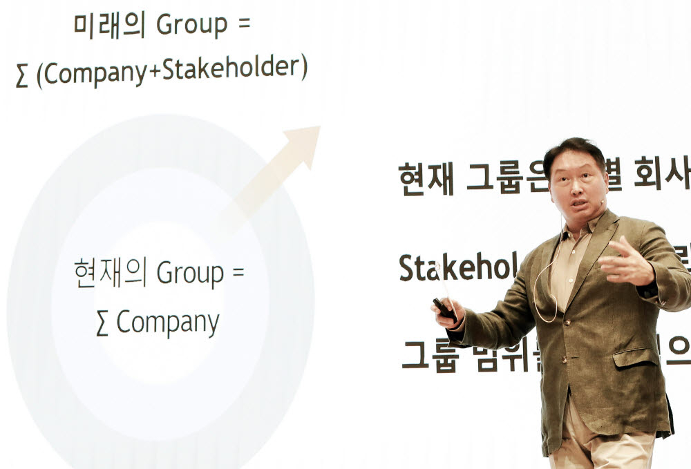2021년 6월 개최된 SK그룹 확대경영회의에서 최태원 회장이 그룹 전체 차원에서 ‘넷제로’ 조기 추진을 주문하고 있다. 이에 따라 그룹 내 최고경영자(CEO)들은 글로벌 탄소중립 목표 시점인 2050년보다 앞서 온실가스 순배출 제로(0)를 달성하자는 넷제로 추진을 공동 결의했다. [SK그룹 제공]