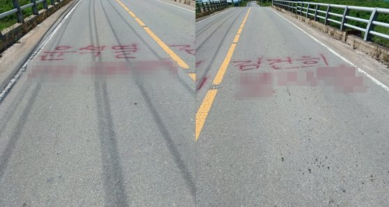 경남 김해의 한 도로 바닥에 빨간색 래커로 윤석열 대통령 부부에 대한 욕설이 쓰여 있다. [독자 제공]