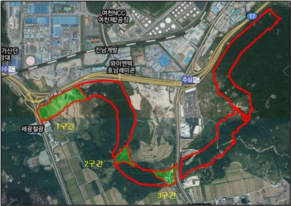여수산단 공장 인근 녹지개발 허용 이후 조성될 대체 녹지 위치도.