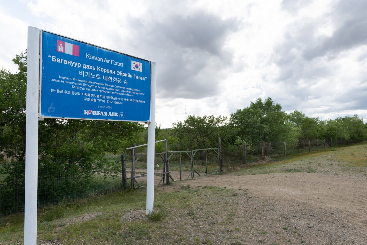 A sign for Korean Air Forest says, "Korean Air is growing a green forest with Baganuur residents to prevent desertification and secure South Korea's friendship with Mongolia." (Korean Air)