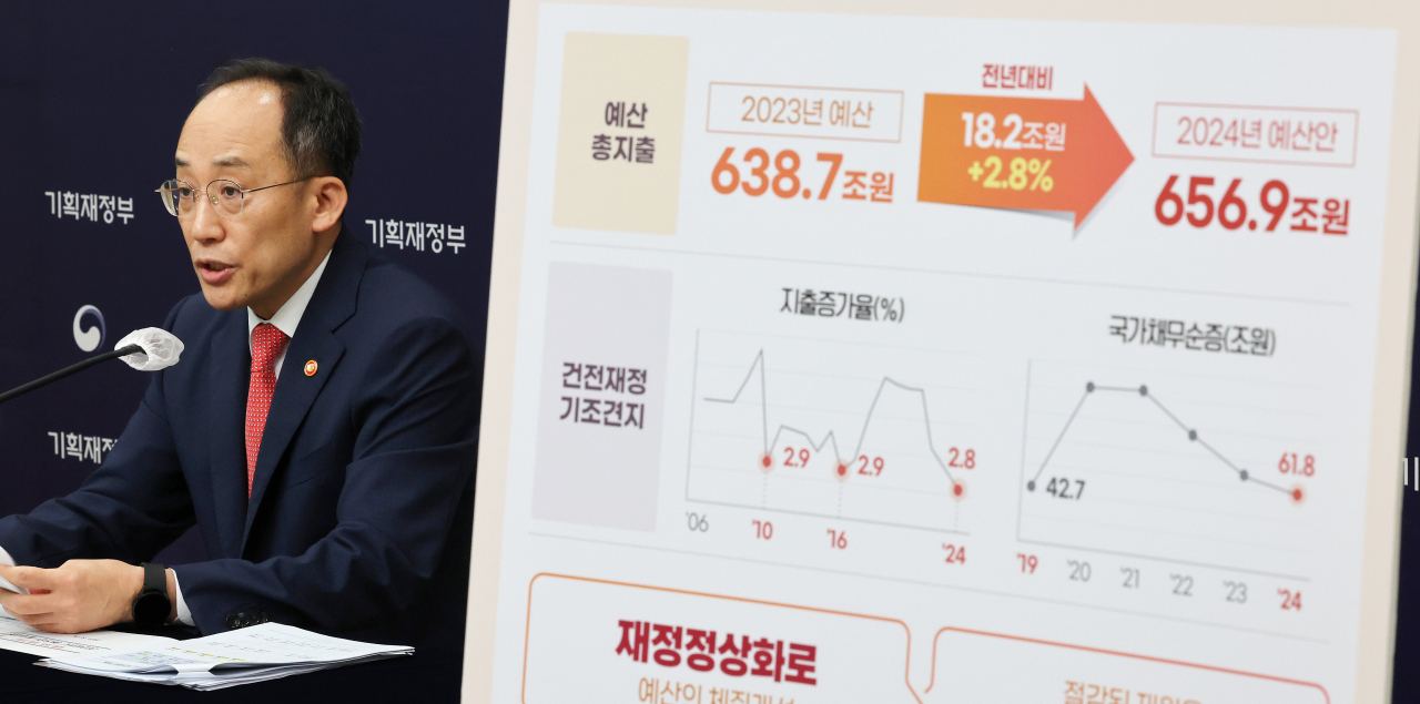 추경호 경제부총리 겸 기획재정부 장관이 지난달 24일 세종시 정부세종청사에서 2024년 예산안 및 2023~2027년 국가재정운용계획을 발표하고 있다.[연합]