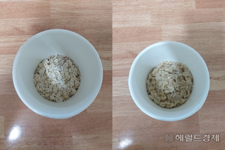 농심켈로그 '통귀리밥'의 조리 전(왼쪽)과 조리 후 모습 김희량 기자