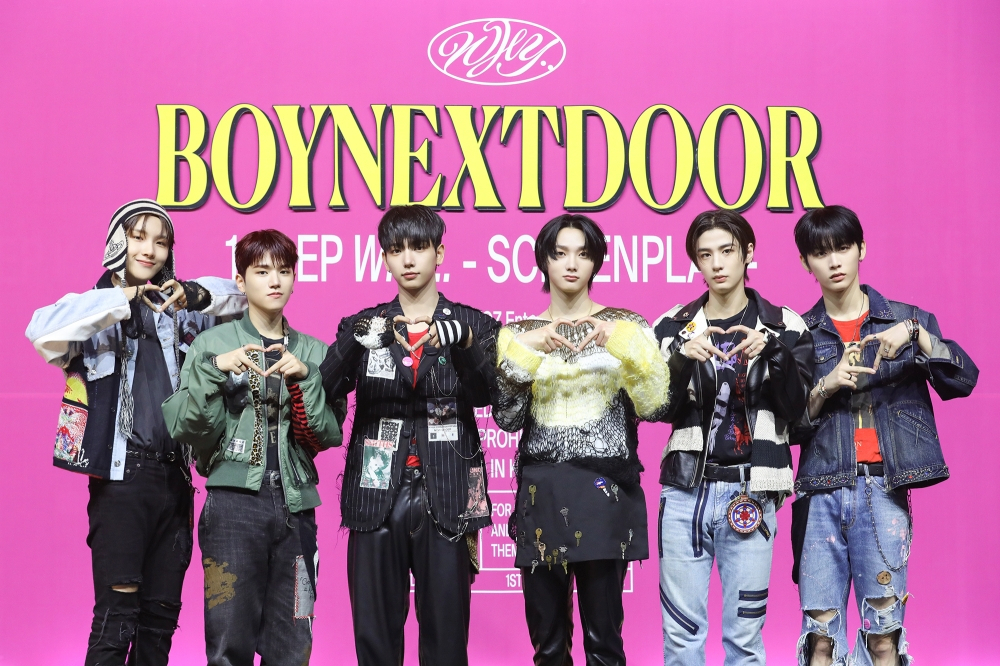 Boynextdoor poses for picture during a press showcase event for its first EP "Why.." held in Seoul on Monday. (KOZ Entertainment)