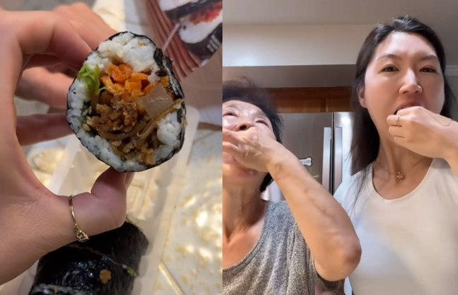 최근 미국에서 출시된 냉동 김밥 시식 영상. 어머니와 함께 김밥을 먹는 이 영상은 7일 기준 1100만회 이상 조회수를 기록했다. /@ahnestkitchen