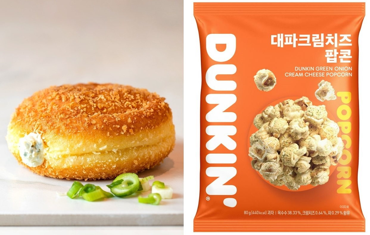 던킨 라이브 매장에서 판매하는 ‘대파크림치즈도넛(왼쪽)’과 이를 모티브로 만들어진 편의점, 마트 등 채널용 ‘대파크림치즈팝콘’ [비알코리아 제공]