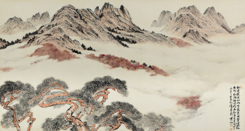 유산 민경갑(酉山 閔庚甲), 산수도(山水圖), 종이에 수묵담채, 96.5x180cm, 1978