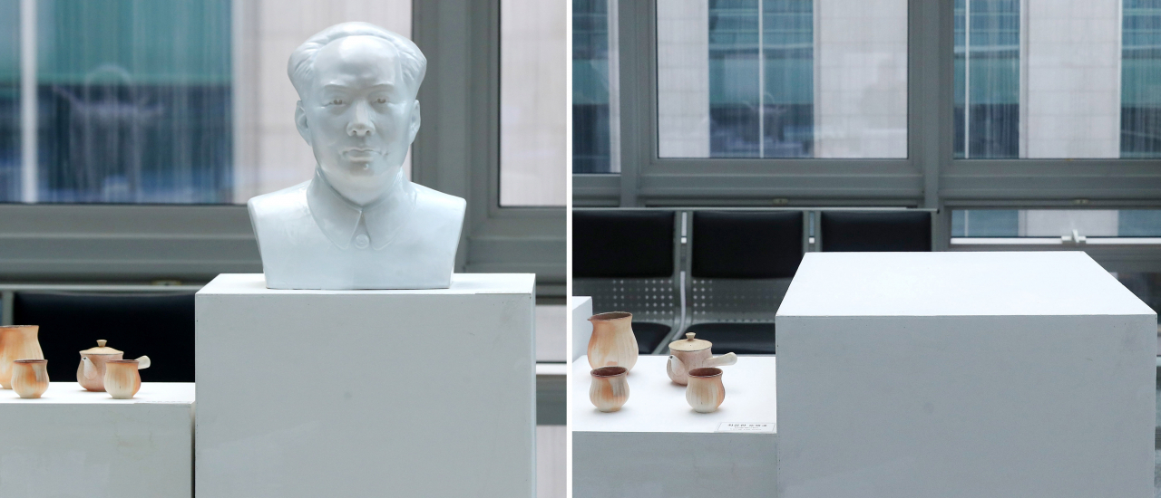 국회 의원회관에 전시된 모택동 흉상과 철거 뒤 모습. [뉴시스]