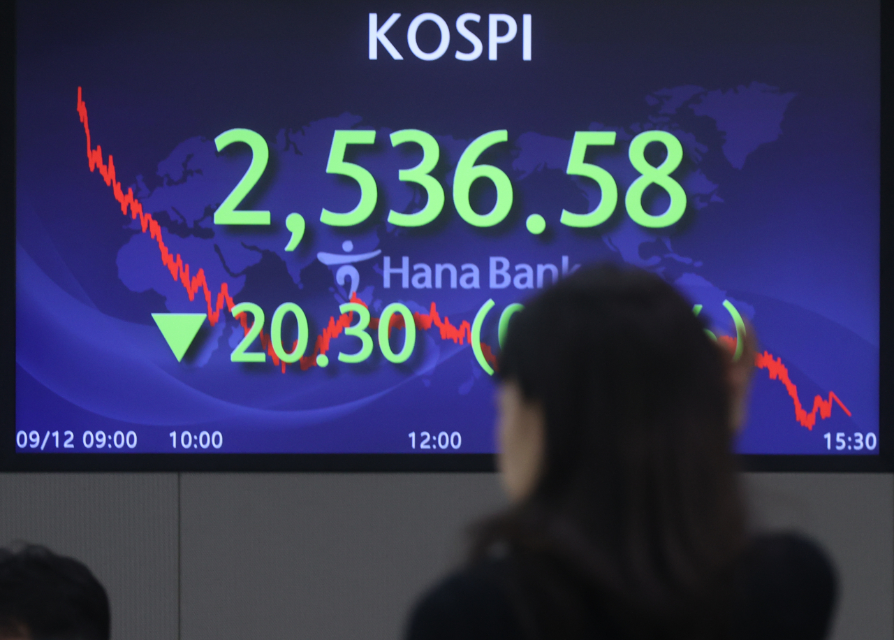 An electronic board showing the Korea Composite Stock Price Index at a dealing room of the Hana Bank headquarters in Seoul on Tuesday (Yonhap)