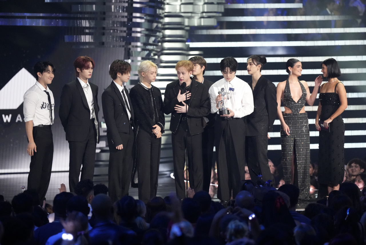 Stray Kids accept the award for best K-pop for "S-Class" at the MTV Video Music Awards on Tuesday, at the Prudential Center in Newark, New Jersey. (AP)