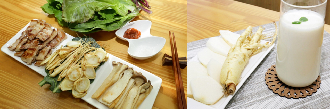 ‘인삼 삼겹살(왼쪽)’과 ‘수삼 셰이크’ [농촌진흥청 제공]