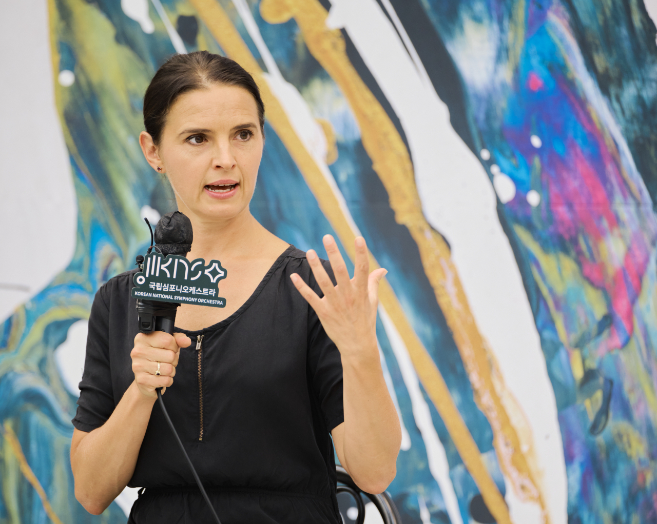 Oksana Lyniv, a Ukrainian conductor, answers questions during a press conference on Wednesday at Seoul Arts Center in Southern Seoul. (Korean National Symphony Orchestra)