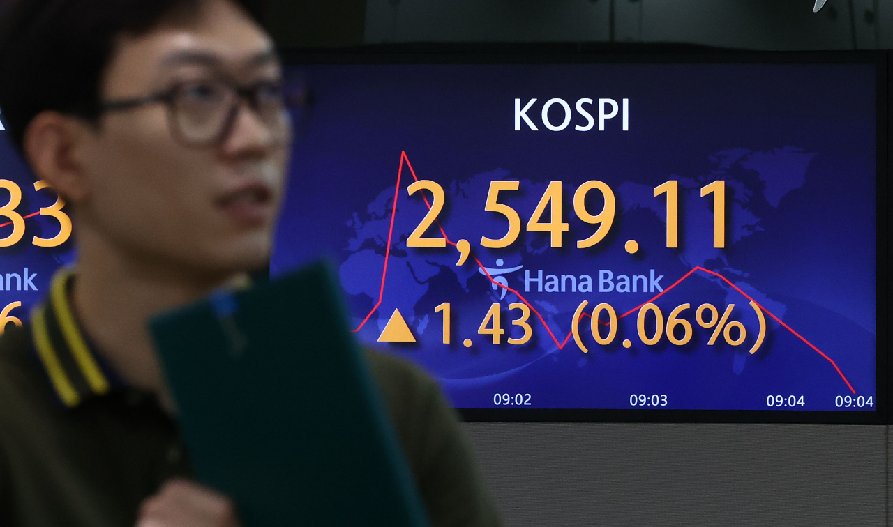 An electronic board showing the Korea Composite Stock Price Index at a dealing room of the Hana Bank headquarters in Seoul on Thursday. (Yonhap)