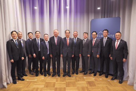 한덕수(왼쪽 일곱번째) 국무총리와 류진(왼쪽 여섯번째) 전국경제인연합회 회장, 정의선(왼쪽 여덟번째) 현대차그룹 회장 등 민관합동사절단이 14일(현지시간) 폴란드 크리니차 한 호텔에서 열린 조찬에 참석해 기념 촬영을 하고 있다. [국무총리실 제공]