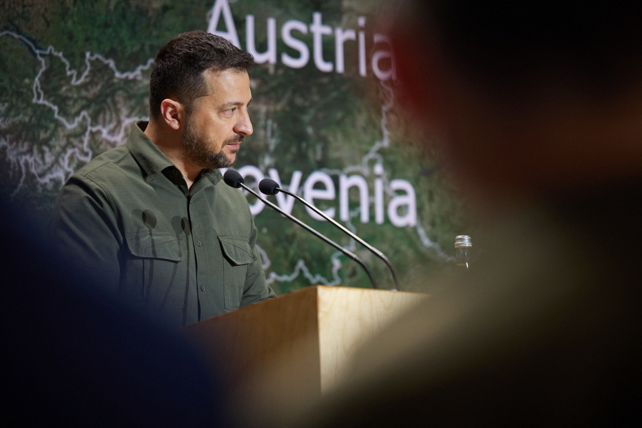 This handout photograph taken and released by the Ukrainian Presidential press service on September 8 shows President of Ukraine Volodymyr Zelensky speaking during the 18th meeting of the Yalta European Strategy "The Future is Decided in Ukraine" in Kyiv. (Photo - AFP)