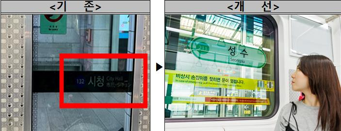 서울시는 지하철 이용객이 역명을 쉽게 파악할 수 있도록 승강장 안전문(스크린도어)에 역이름을 붙이는 등 눈에 잘 띄게 하는 개선 작업을 완료했다고 17일 밝혔다. 역명 표지 부착 전(왼쪽)과 후 모습. [서울시 제공]