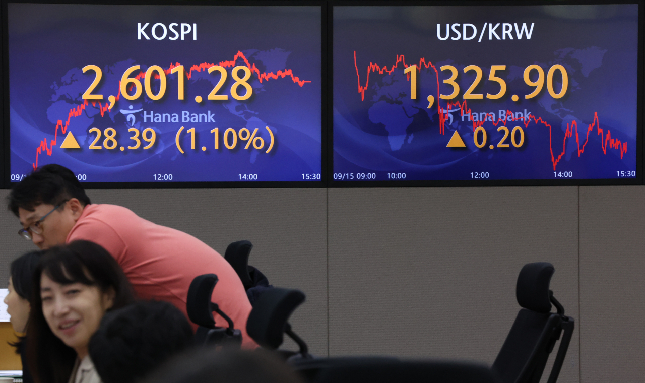 An electronic board showing the Korea Composite Stock Price Index at a dealing room of the Hana Bank headquarters in Seoul on Friday (Yonhap)