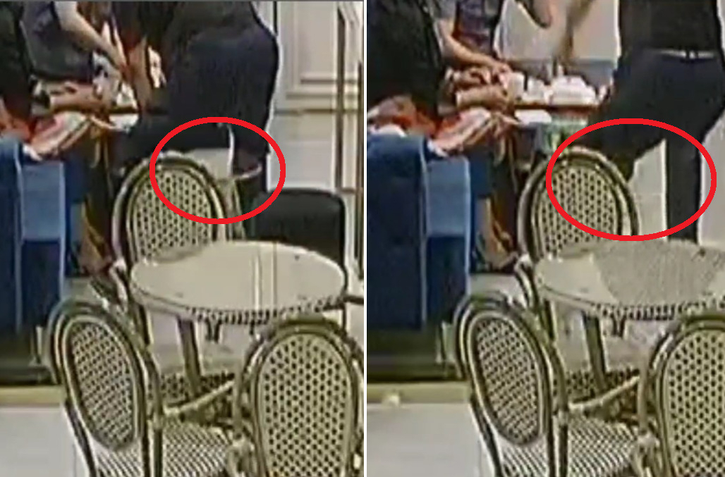 한 남성이 작은 아크릴 테이블(빨간 색 원)안에 앉으려 하는 모습(왼쪽)과 테이블이 부서지자 남성이 다시 일어서는 모습. ['아프니까 사장이다' 갈무리]