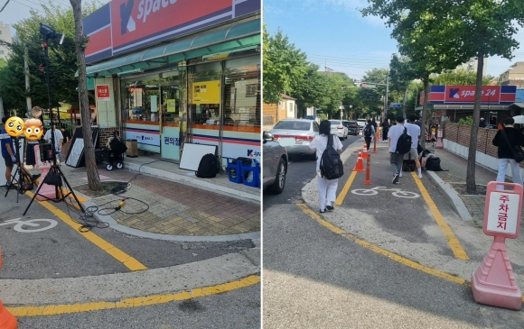 한 누리꾼이 올린 스쿨존 내 드라마 촬영 현장 모습. [SNS 갈무리]