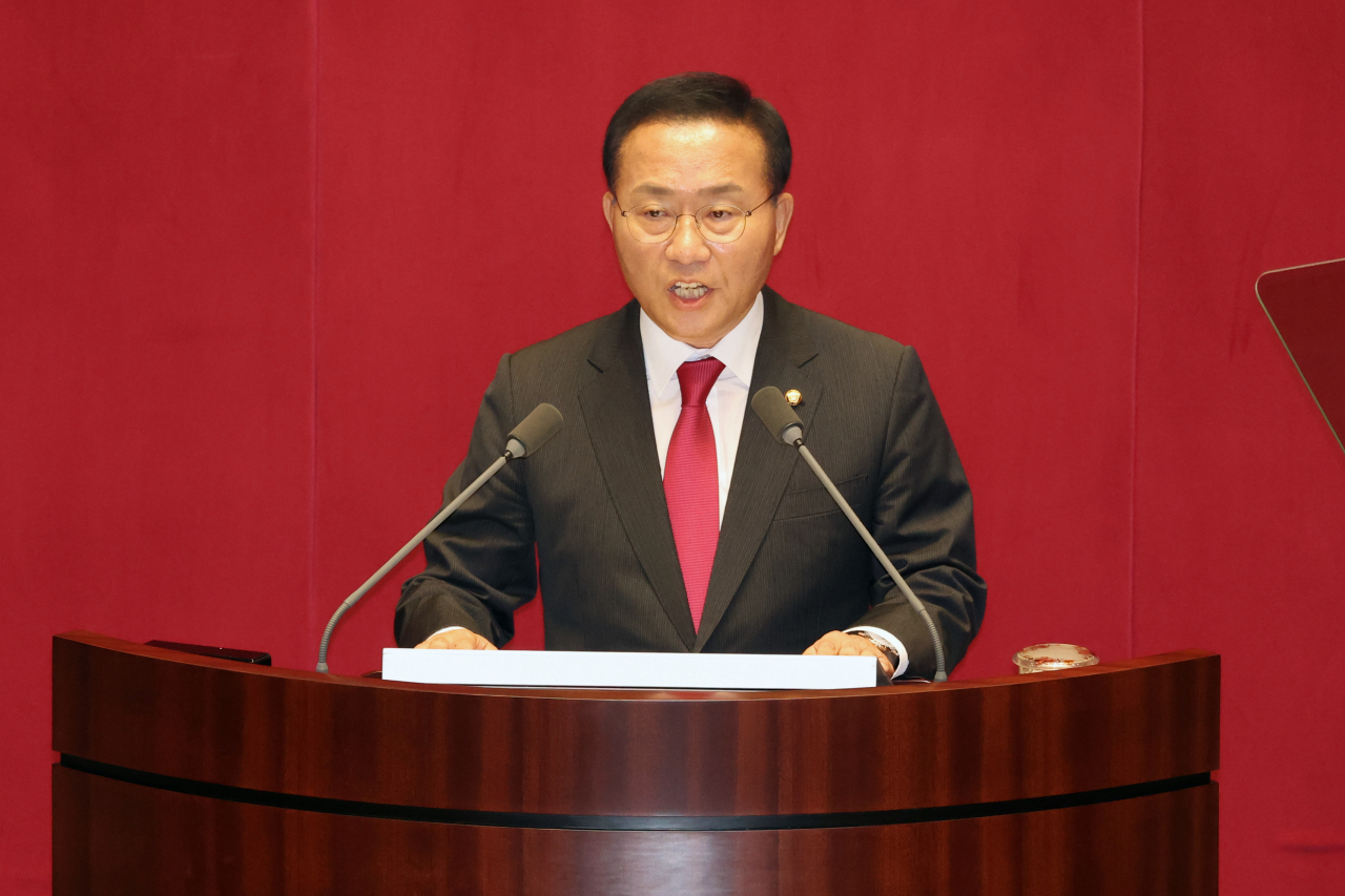윤재옥 국민의힘 원내대표가 20일 국회 본회의에서 교섭단체 대표 연설을 하고 있다. [연합]
