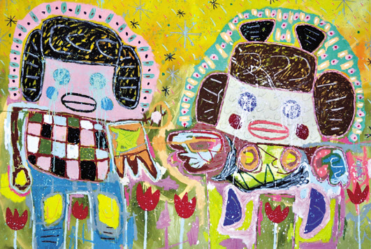 애덤 핸들러, Finding our spot, oil stick, acrylic and pencil on canvas, 132&times;193cm, 2023