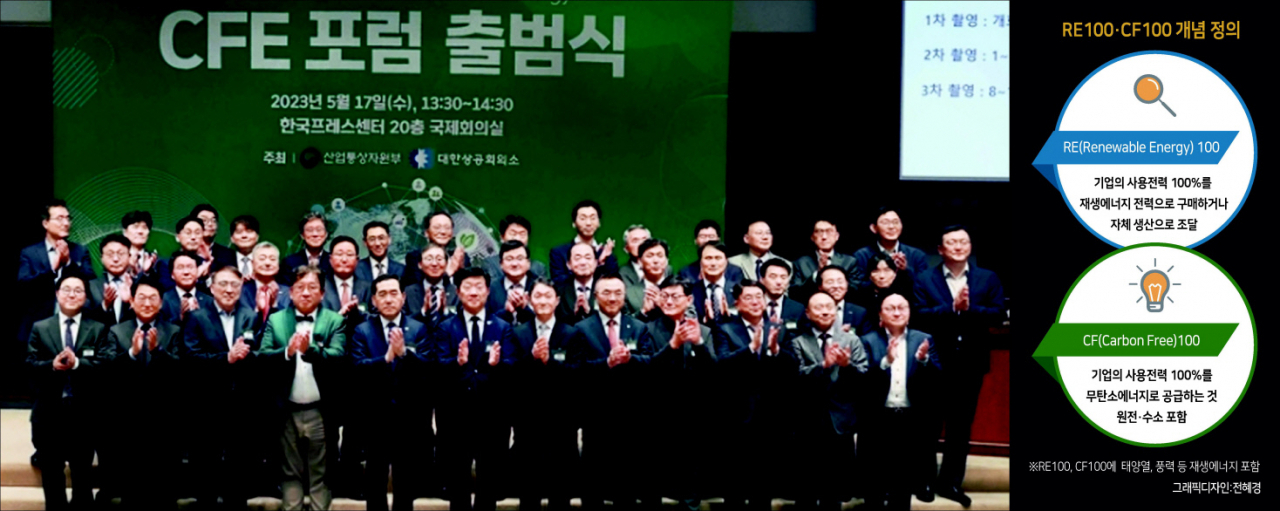 5월 서울 중구 프레스센터에서 개최된 ‘CFE(무탄소 에너지) 포럼’에서 참석자들이 기념촬영을 하고 있다. [헤럴드DB]
