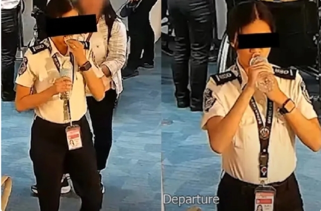 모라도스가 훔친 돈 뭉치로 보이는 것을 입에 넣은 뒤(왼쪽) 생수병에 담긴 물을 마시고 있다.[New5EveryWhere]