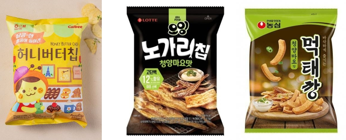 왼쪽부터 해태제과 ‘허니버터칩’, 롯데웰푸드 ‘오잉 노가리칩 청양마요맛’, 농심 ‘먹태깡’ [각 사 제공]