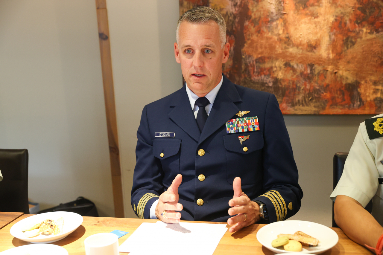 Captain Corey Braddock, chief of the US Coast Guard‘s Office of Expeditionary Logistics, speaks during a roundtable interview with The Korea Herald in Seoul. (Park Chan-young/UN Women)