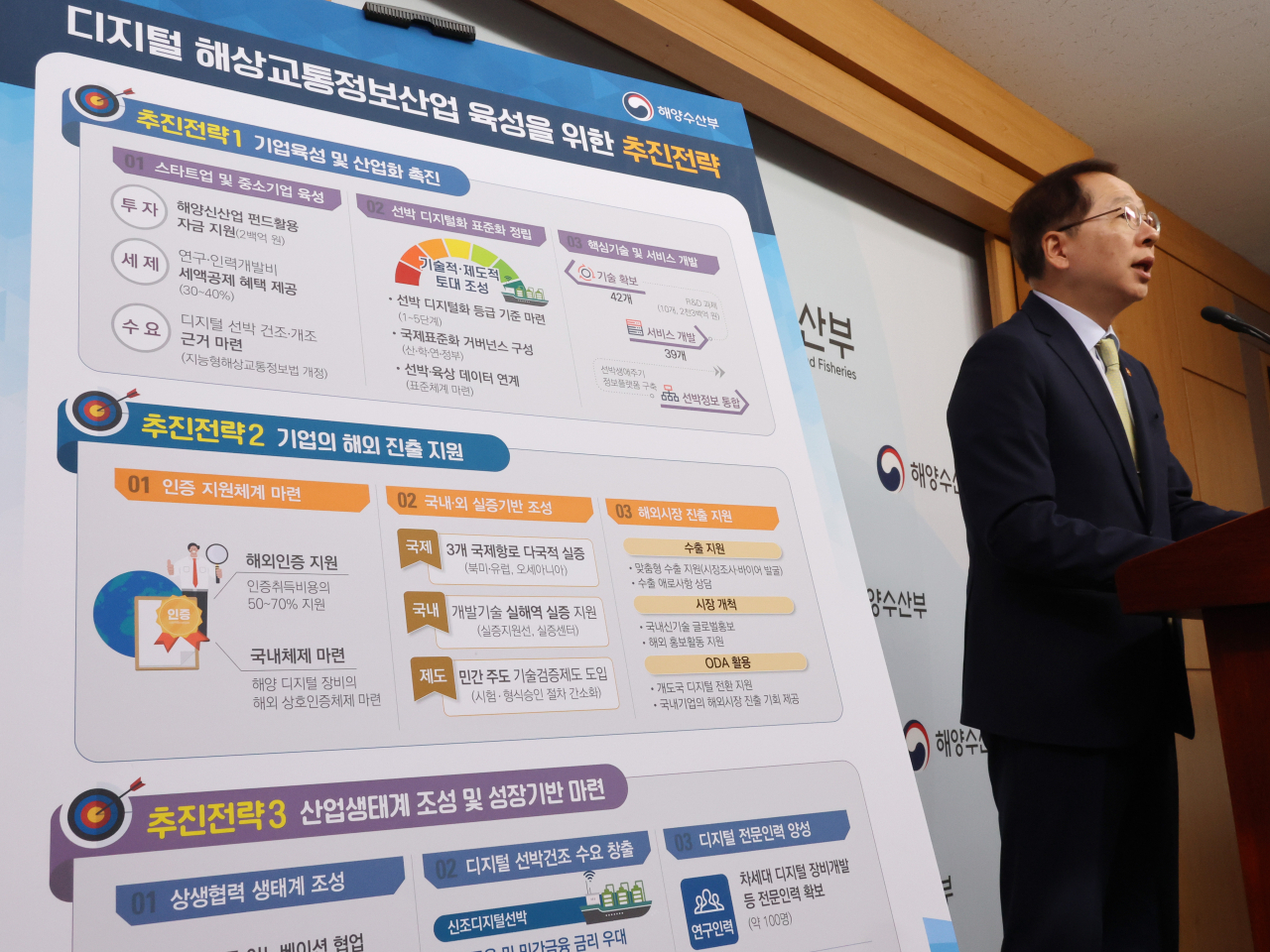 조승환 해양수산부 장관이 세종시 정부세종청사에서 디지털 해상교통정보산업 육성전략을 발표하고 있다. [연합]