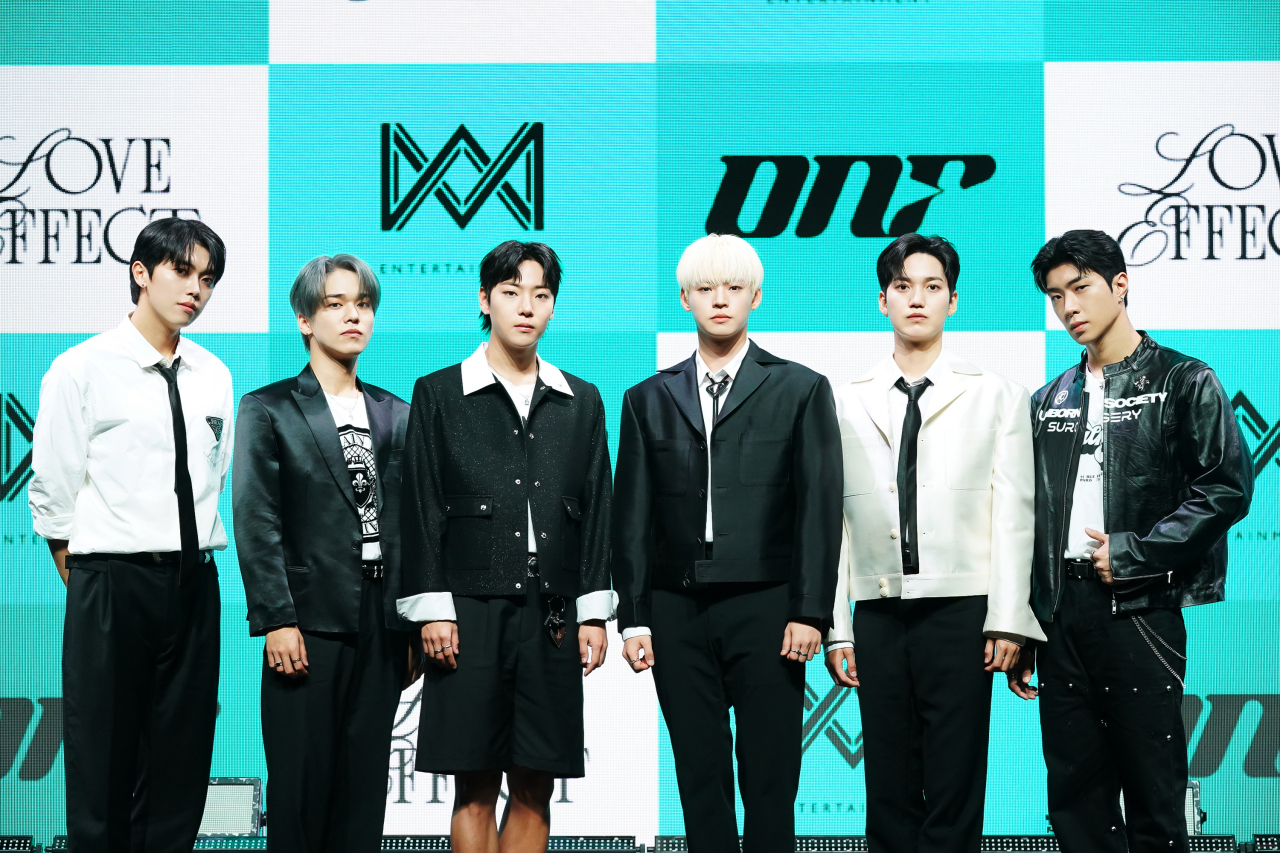 ONF introduces its seventh EP "Love Effect" during a press conference in Seoul on Wednesday. (WM Entertainment)