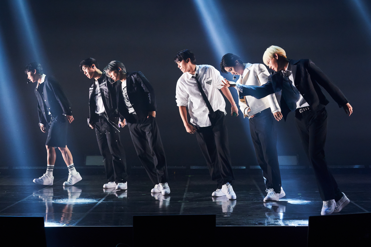 ONF performing "Love Effect" during a press conference in Seoul on Wednesday. (WM Entertainment)