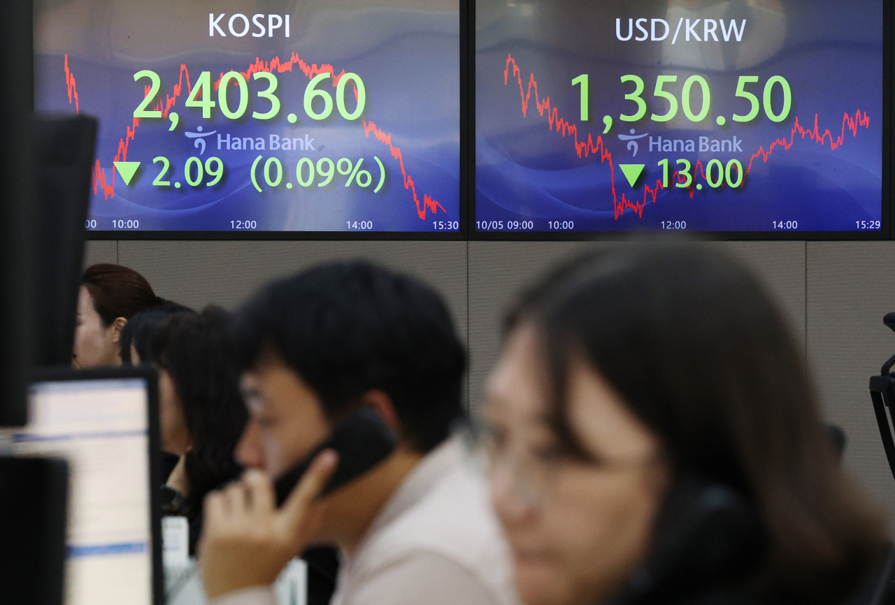 An electronic board showing the Korea Composite Stock Price Index at a dealing room of the Hana Bank headquarters in Seoul on Thursday. (Yonhap)