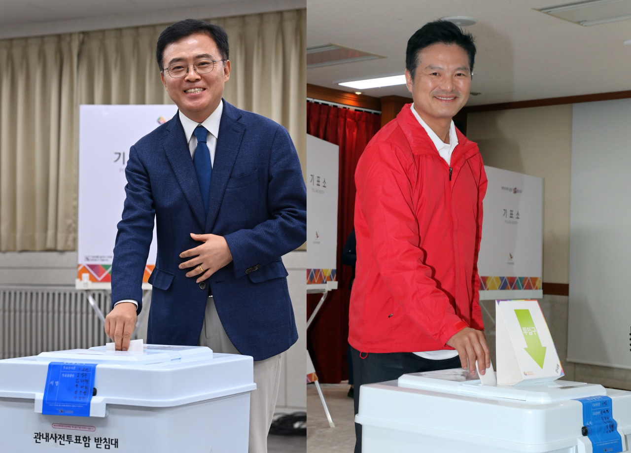 서울강서구청장 보궐선거 진교훈 더불어민주당 후보와 김태우 국민의힘 후보가 6일 각각 사전투표를 하고 있다. [연합]