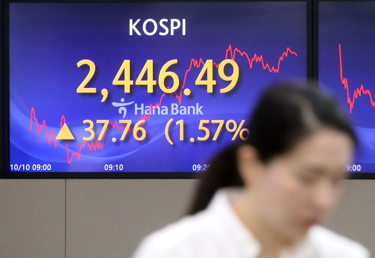 An electronic board showing the Korea Composite Stock Price Index at a dealing room of the Hana Bank headquarters in Seoul on Tuesday. (Yonhap)