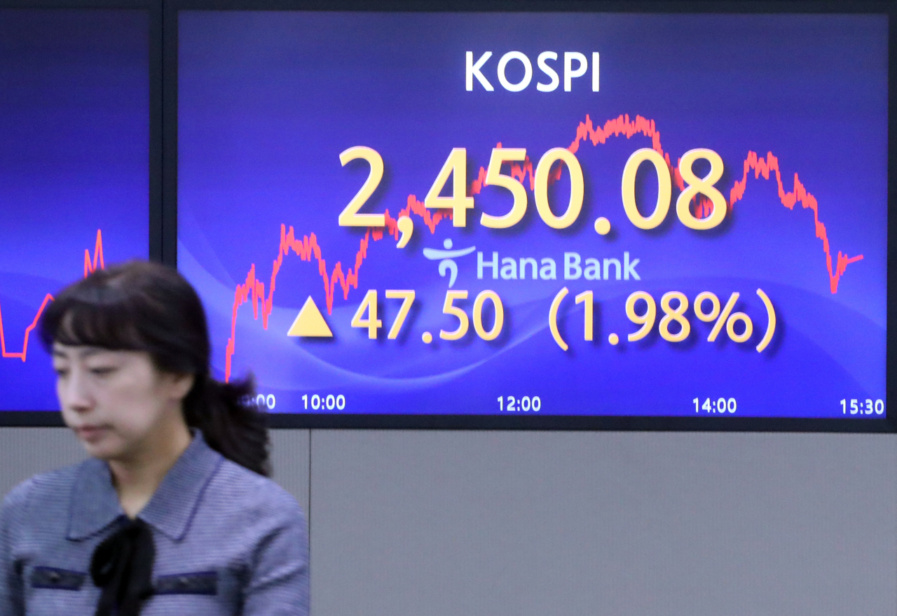 An electronic board showing the Korea Composite Stock Price Index at a dealing room of the Hana Bank headquarters in Seoul on Friday. (Yonhap)