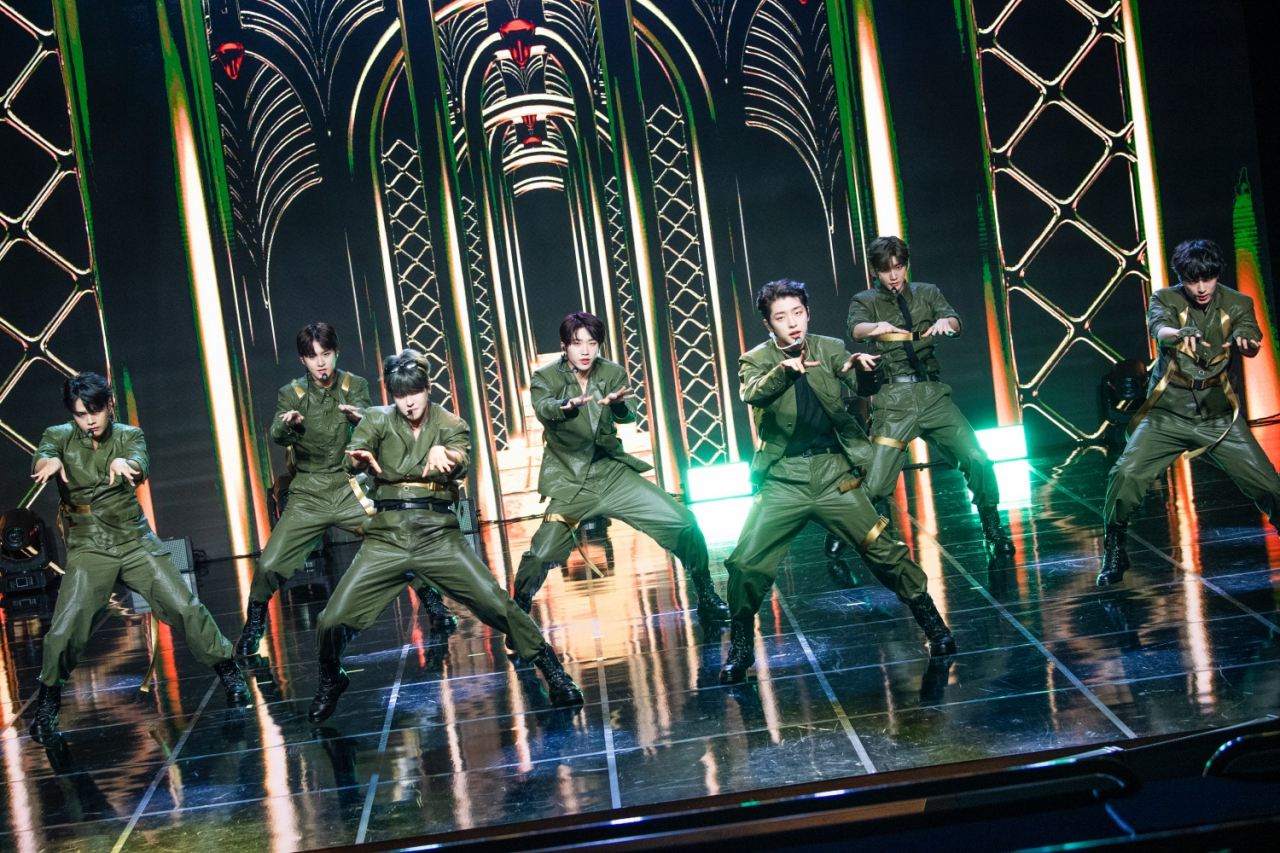Kingdom performs title track "Coup d'Etat" during a press conference in Seoul on Wednesday. (GF Entertainment)