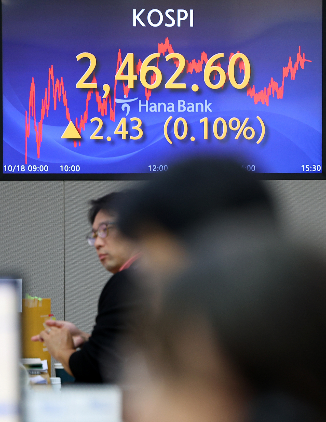 An electronic board showing the Korea Composite Stock Price Index at a dealing room of the Hana Bank headquarters in Seoul on Thursday. (Yonhap)