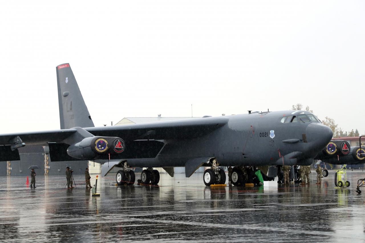 This photo shows a B-52H strategic bomber parked at a South Korean Air Force base at Cheongju Airport, 112 kilometers southeast of Seoul, on Thursday. (South Korea's defense ministry)