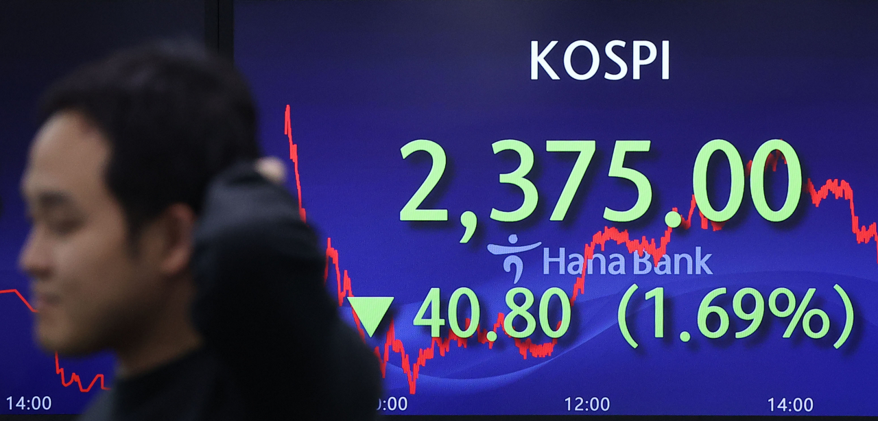 An electronic board showing the Korea Composite Stock Price Index at a dealing room of the Hana Bank headquarters in Seoul on Friday. (Yonhap)