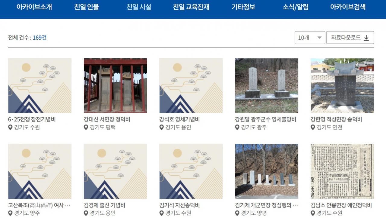 경기도청 친일문화잔재 아카이브 포털 서비스 홈페이지 모습. 지역별로 기념비나 건축물들을 조회할 수 있다. [홈페이지 캡처]