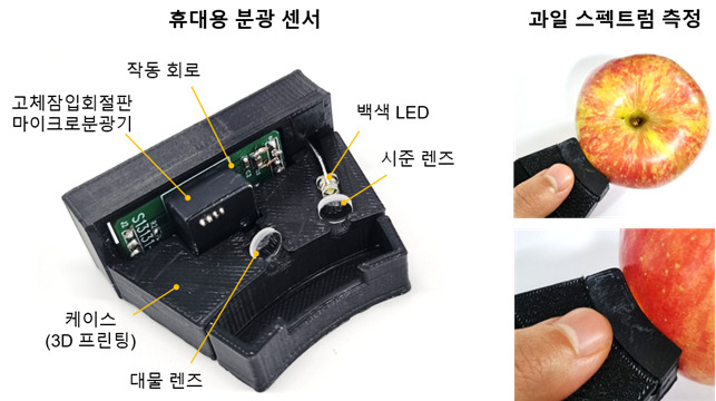 고체잠입회절판구조 마이크로분광기 기반 휴대용 분광 센서(왼쪽). 휴대용 분광 센서를 이용한 과일 표면 반사 스펙트럼 측정(오른쪽).[KAIST 제공]