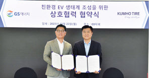 임승빈(오른쪽) 금호타이어 영업총괄본부 부사장과 김성원 GS에너지 에너지자원사업본부 부사장이 23일 협약 직후 기념촬영을 하고 있다. [금호타이어 제공]