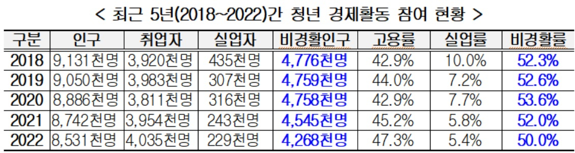 최근 5년간 청년 경제활동 참여 현황표. [한국경영자총협회 제공]
