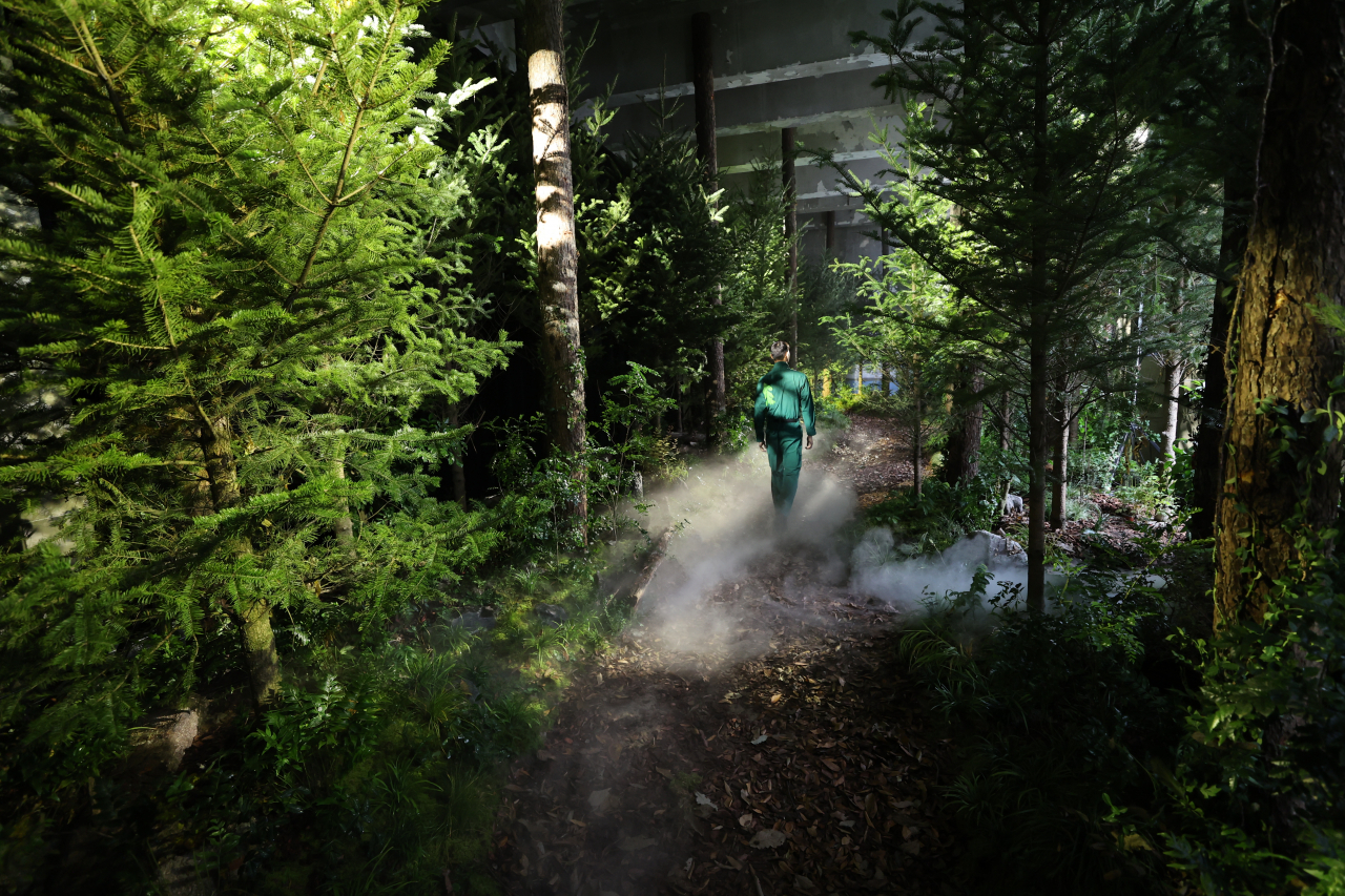 26일 오전 서울 용산구 복합문화공간 레이어20에서 열리는 ‘에버그린 에너지(EVERGREEN ENERGY)’ 전시에서 행사 관계자가 전나무 숲길을 걷고 있다. 코오롱스포츠 브랜드 론칭 50주년을 기념해 열린 이번 전시는 28일부터 11월 19일까지 열린다. [연합]