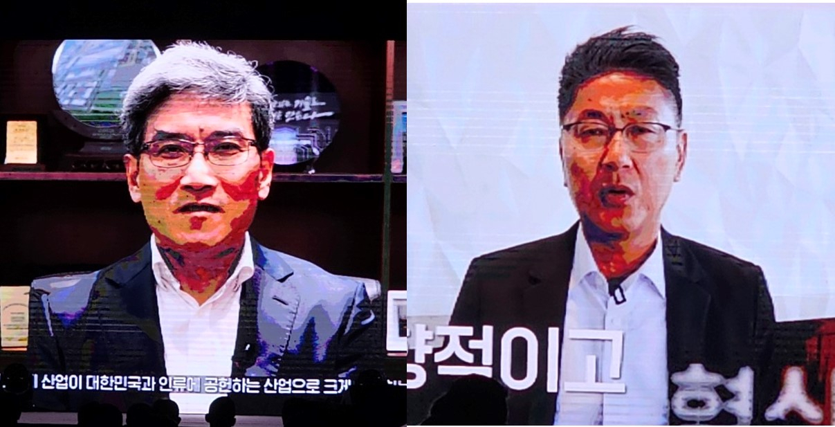 송재혁(왼쪽) 삼성전자 DS부문 최고기술책임자(CTO) 겸 반도체연구소장 사장과 한진만 삼성전자 DSA 부사장. 김지헌 기자.